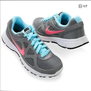 Nike Women's Gray and Blue Sneakers with Pink Accents